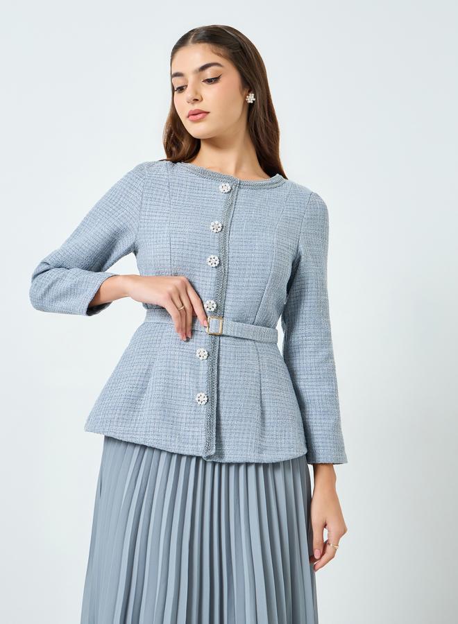 Styli Women Blue Tweed Midi Dress with Belt - Image 2